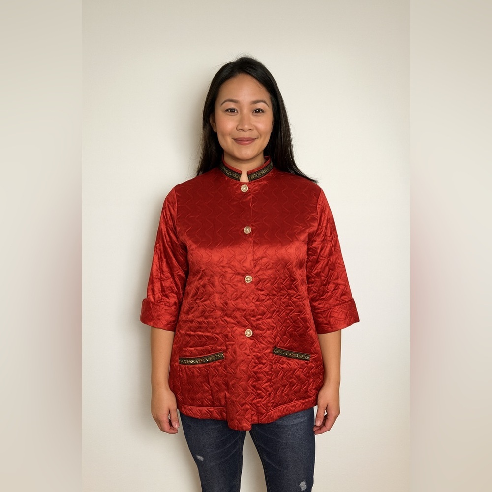 Vintage REITMAN'S - Quilted Satiny Button Down Top / Jacket in Red.